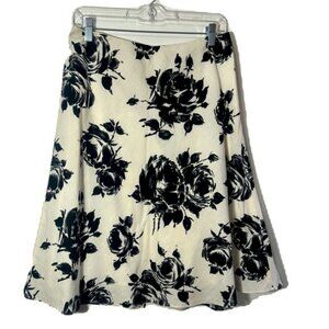 TALBOTS100LINEN FLORAL MIDI FLARE SKIRT SIDE ZIPPER CREAM AND BLACK SIZE 8
